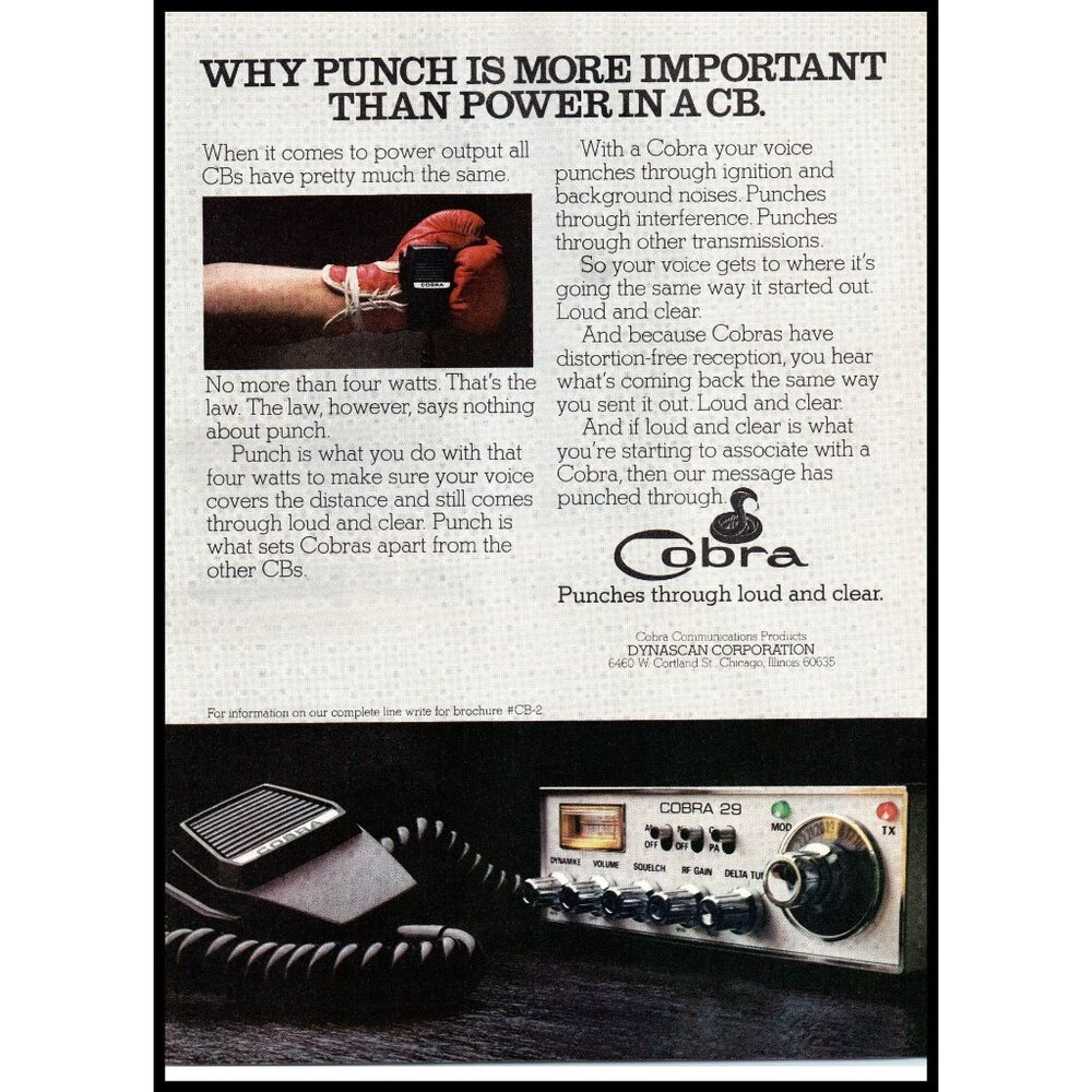 1976 Cobra 29 CB Radio Vintage Print Ad Trucker Trucking Boxing Glove Wall Art